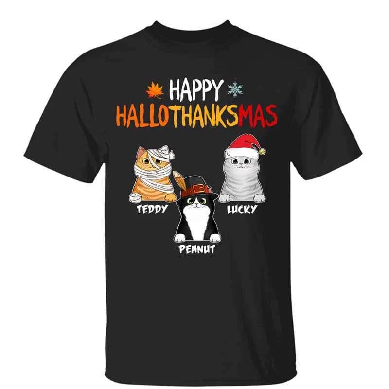 Custom designs for fitness motivation tees-Hallothanksmas Halloween Thanksgiving Christmas Fluffy Cats Personalized Shirt