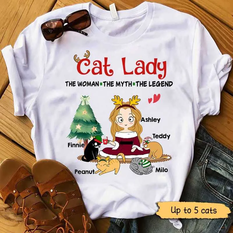 Fun and trendy graphic tees for women-Cat Lady Legend Christmas Personalized Shirt