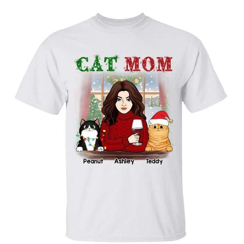 Custom-designed T-shirts with photos-Meowy Catmas Woman & Cat Christmas Personalized Shirt