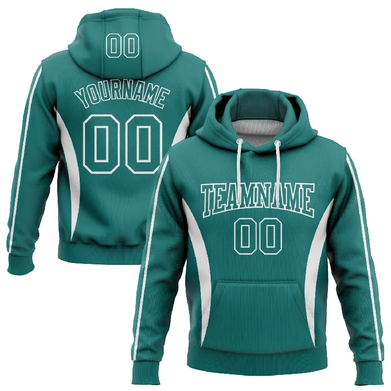 Women's Cutout Hoodies-Custom Stitched Teal White 3D Pattern Design Color Blocking Stripe Sports Pullover Sweatshirt Hoodie