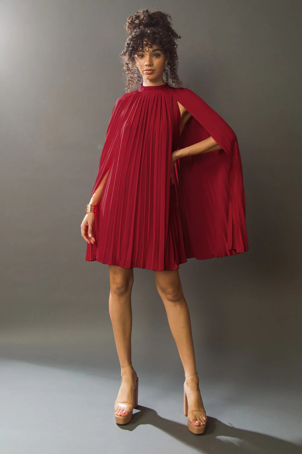 Red Pleated Mock Neck Cape Dress