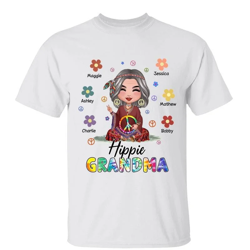 Custom T-shirts with inspirational graphics-Doll Woman Hippie Grandma Sitting Personalized Shirt