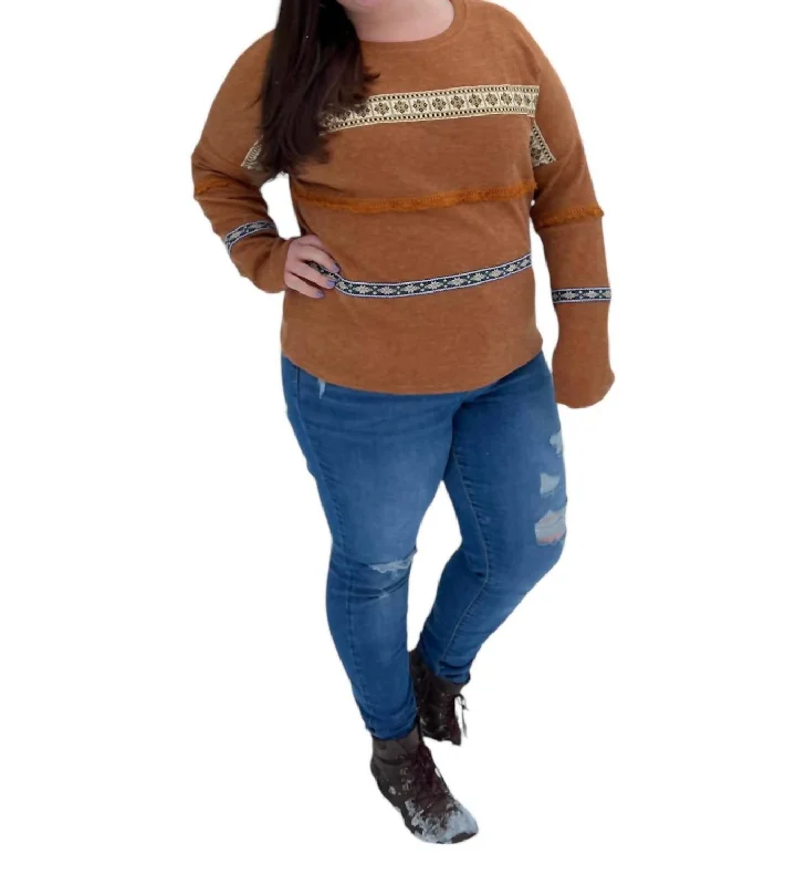 Blue V-neck pullover sweater for office-Women's Insulated Floral Pullovers-Long Sleeve Sweater Plus In Camel Brown