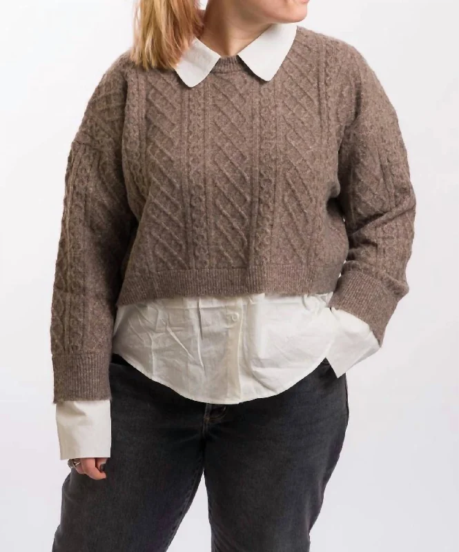 Grey crew-neck pullover sweater for classic-Women's Midi Denim Pullovers-Sweater And Shirt Combo In Mocha/white