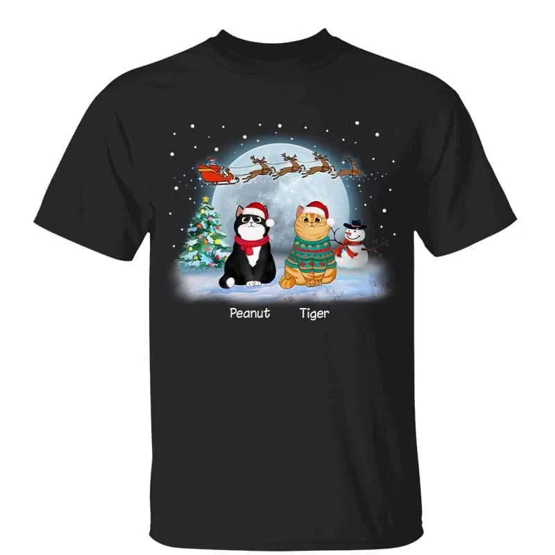 Fun slogan T-shirts for casual wear-Cats In Christmas Moonlight Personalized Shirt