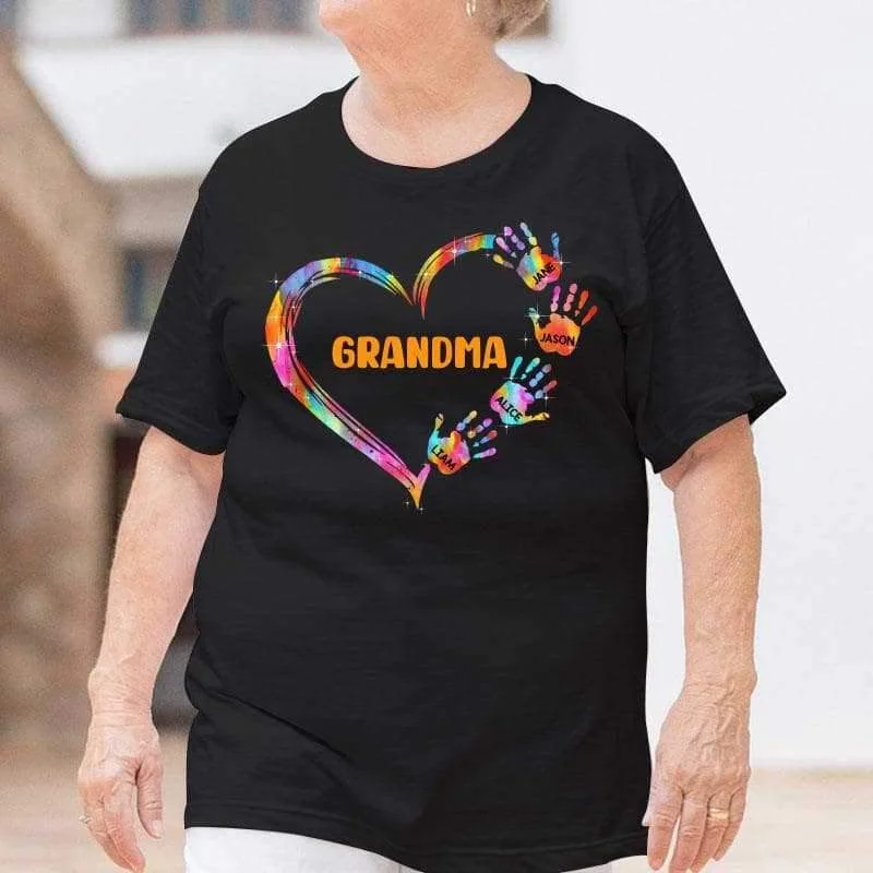 Custom T-shirts for anniversary celebrations-Mom Grandma Colorful Heart Hand Print Personalized Shirt