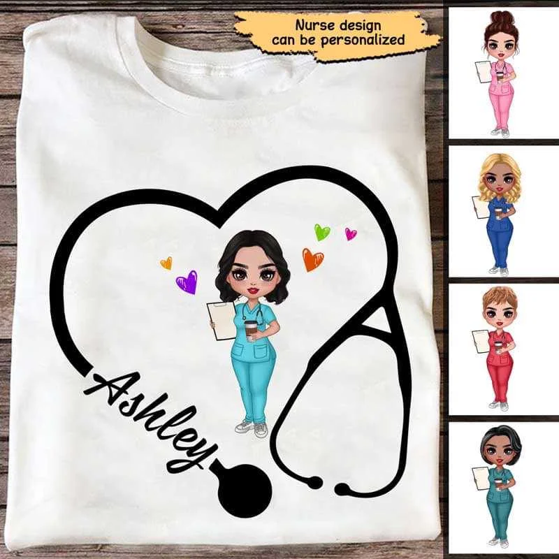 Creative design T-shirts for group events-Heart Stethoscope Outline Doll Nurse Personalized Shirt