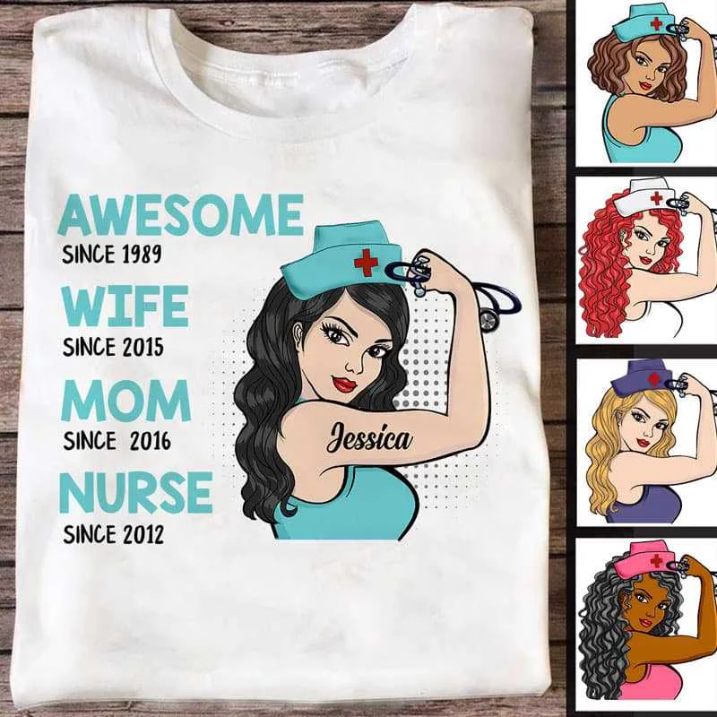 Vintage movie graphic tees for fans-Wife Mom Nurse Awesome Strong Woman Personalized Shirt