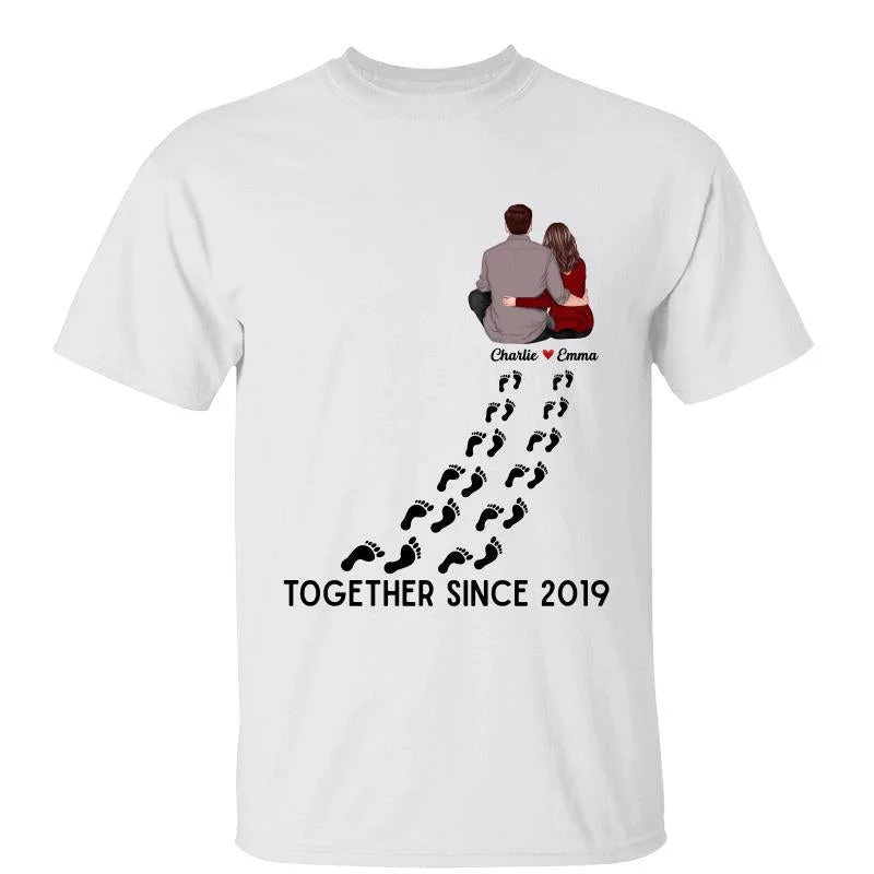 Custom-made vintage graphic T-shirts for fans-Couple Sitting Footprints Personalized Shirt