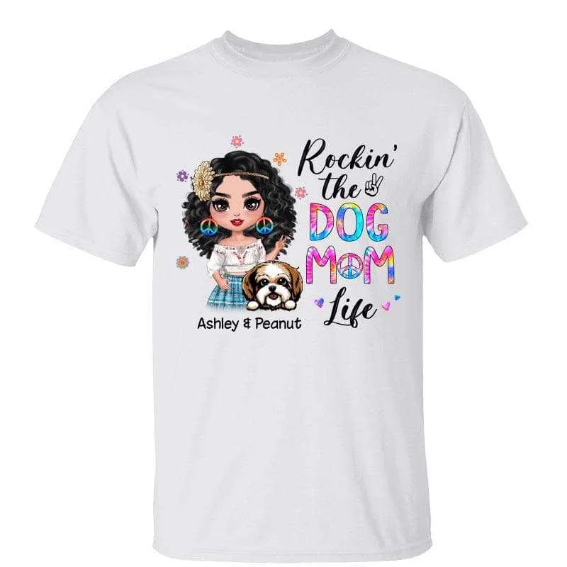 Personalized T-shirts for family gatherings-Rockin‘ Hippie Doll Dog Mom Life Personalized Shirt