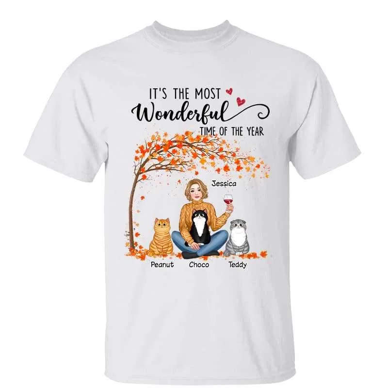 Fun T-shirts for couples’ trips-Pretty Girl & Fluffy Cat Under Tree Personalized Shirt