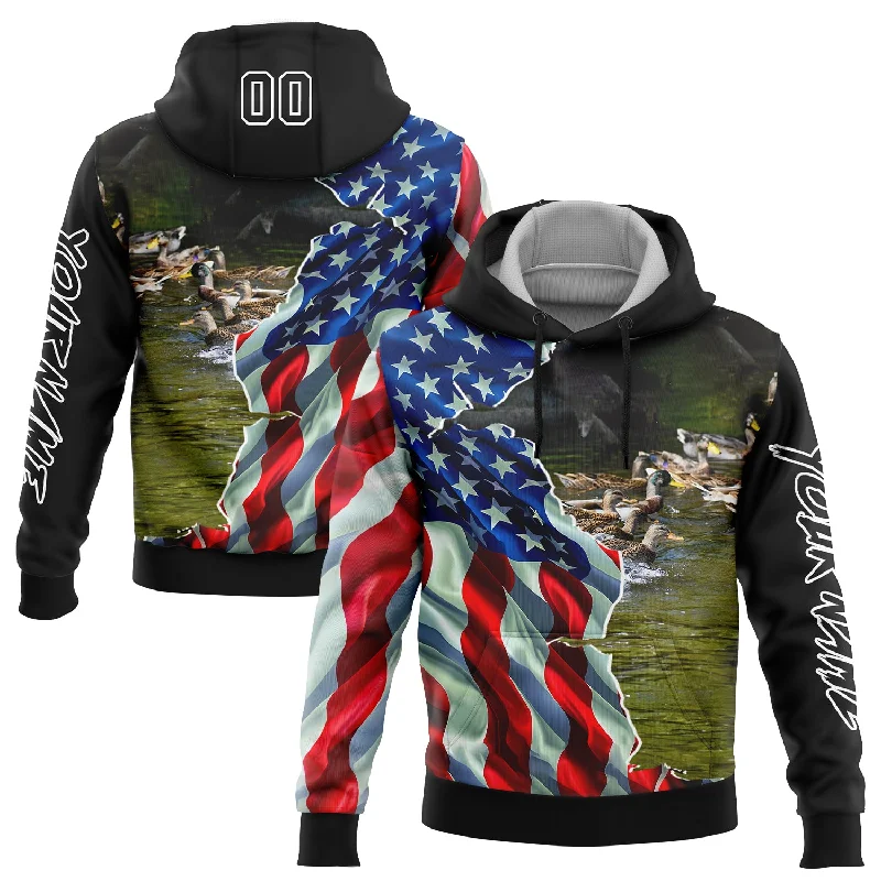 Women's Metallic Thread Hoodies-Custom Stitched Black White 3D American Flag And Duck Hunting Sports Pullover Sweatshirt Hoodie