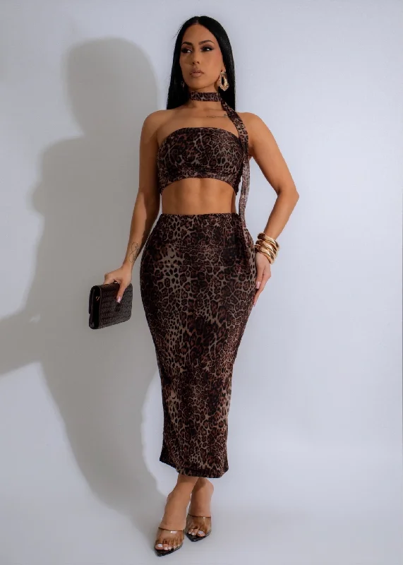 Skirts with bold pattern-Women's Glitter Skirts-Untamed Elegance Leopard Mesh Skirt Set Brown