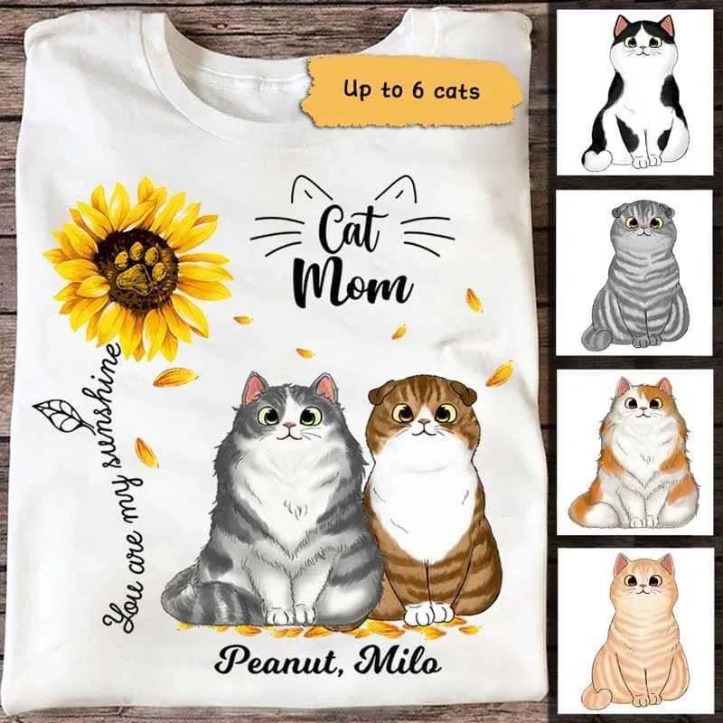 Personalized animal-themed T-shirts for pet lovers-Sunflower Cat Mom Fluffy Cats Personalized Shirt