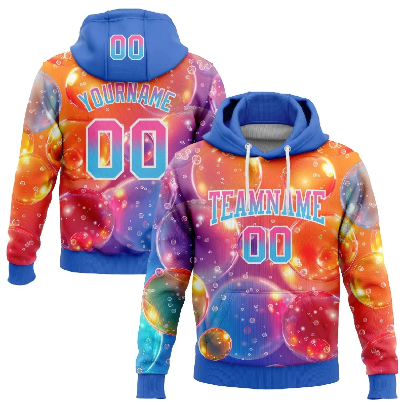 Women's High Neck Hoodies-Custom Stitched Orange Pink Sky Blue-Thunder Blue Fade 3D Pattern Design Colorful Bubbles Sports Pullover Sweatshirt Hoodie