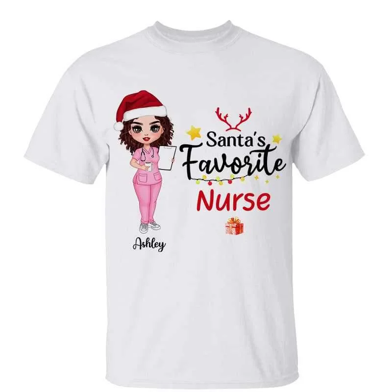 Custom sports graphic T-shirts for kids-Santa‘s Favorite Doll Nurse Personalized Shirt