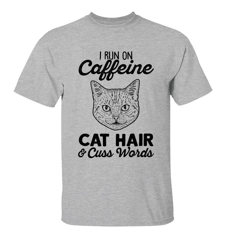 Motivational T-shirts for entrepreneurs-Run On Cat Hair & Caffeine Cat Head Outline Personalized Shirt