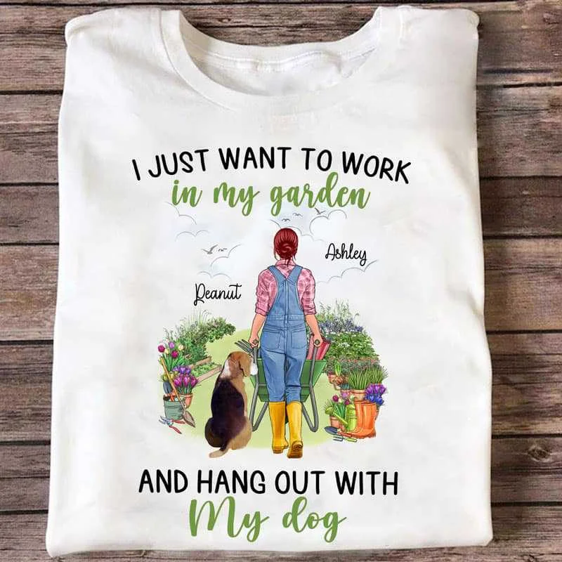 Vintage graphic tees for young adults-Gardening Girl And Dogs Back View Personalized Shirt