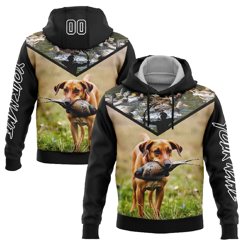 Women's Maxi Hoodies-Custom Stitched Black White 3D Bow Hunter And Pheasant Hunting With Dog Sports Pullover Sweatshirt Hoodie