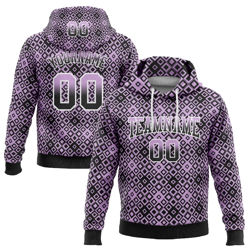 Women's Flutter Sleeve Hoodies-Custom Stitched Light Purple Black-White Fade 3D Pattern Design Geometric Square Shapes Sports Pullover Sweatshirt Hoodie