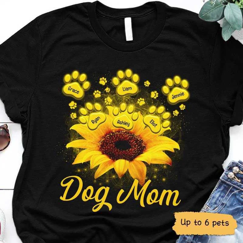 Cool custom graphic tees for outdoors-Flying Paws Sunflower Dog Mom Cat Mom Personalized Shirt