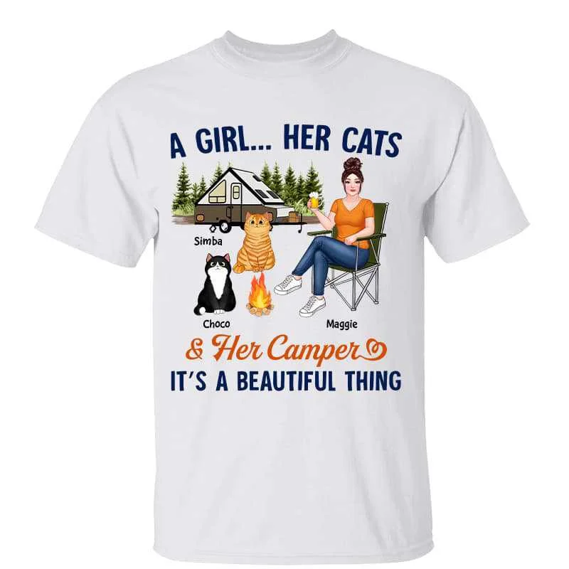 Funny quote T-shirts for group events-A Girl Her Cat Her Camper Camping Cat Mom Personalized Shirt