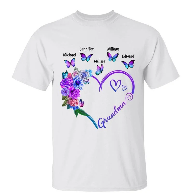 Funny dog T-shirts for pet owners-Grandma Mom Heart Blue & Purple Flower Butterflies Personalized Shirt