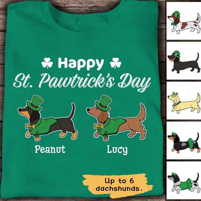 Personalized T-shirts with family photos for holidays-Happy St Pawtrick's Day Dachshund Personalized Shirt