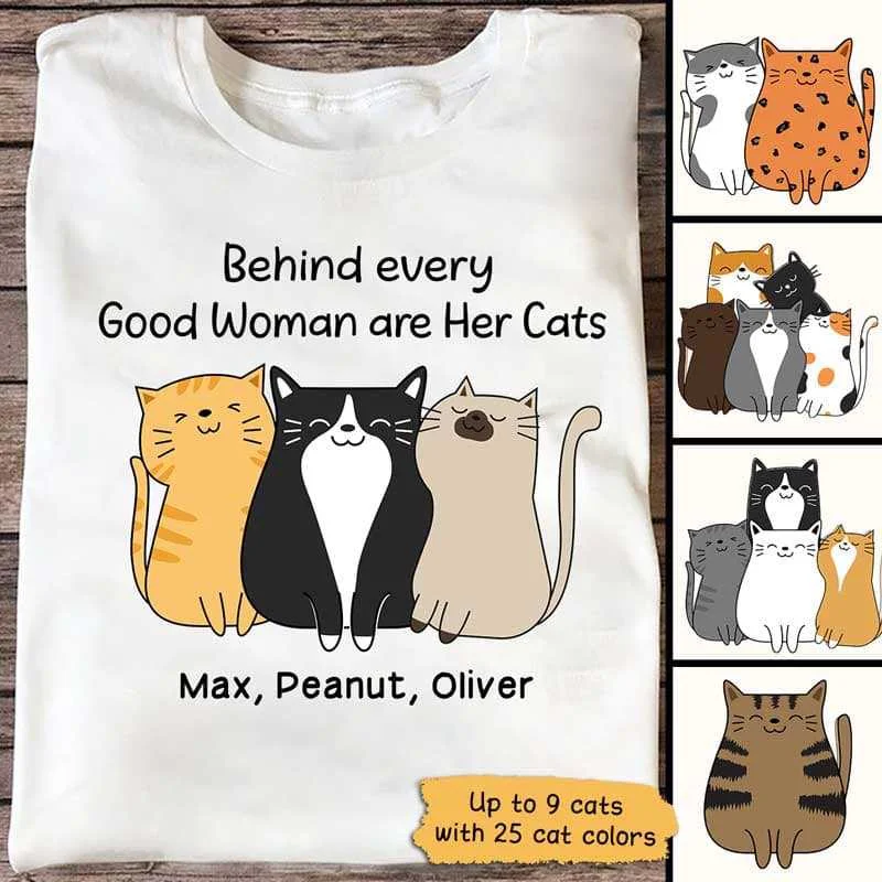 Fun motivational T-shirts for students-Behind Every Good Woman Are Her Cats Personalized Shirt