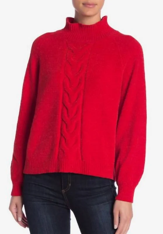 Cashmere grey pullover sweater for luxe-Women's Lace Pleated Pullovers-Chenile Soft Mock Neck Sweater In Red