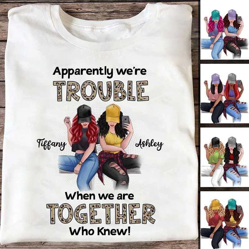 Custom graphic tees for summer events-Leopard Trouble Selfie Besties Personalized Shirt