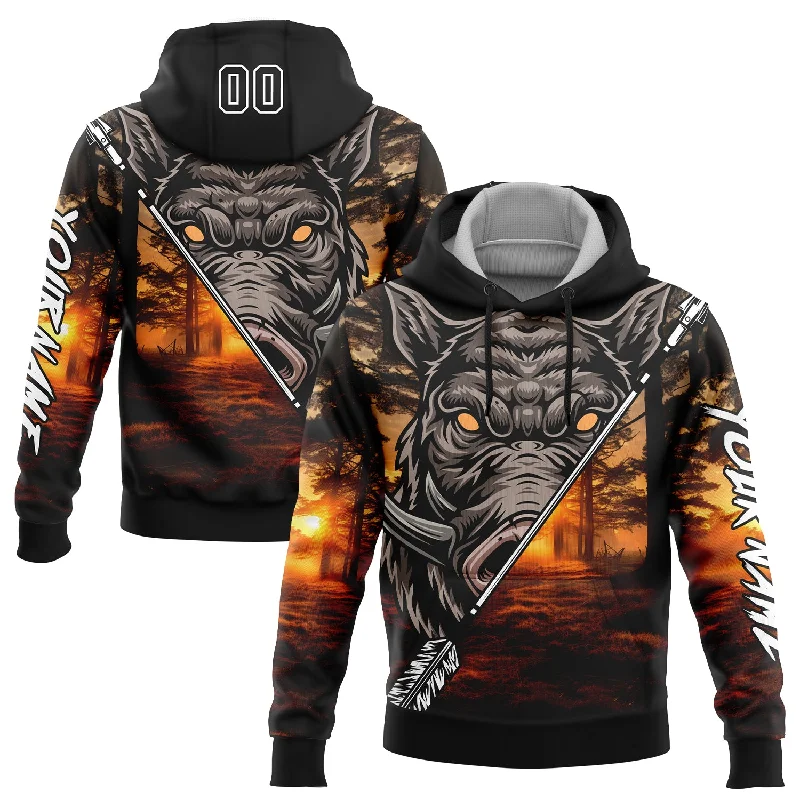 Women's Lace-Up Hoodies-Custom Stitched Black White 3D Wild Boar Arrow Hunting Sports Pullover Sweatshirt Hoodie