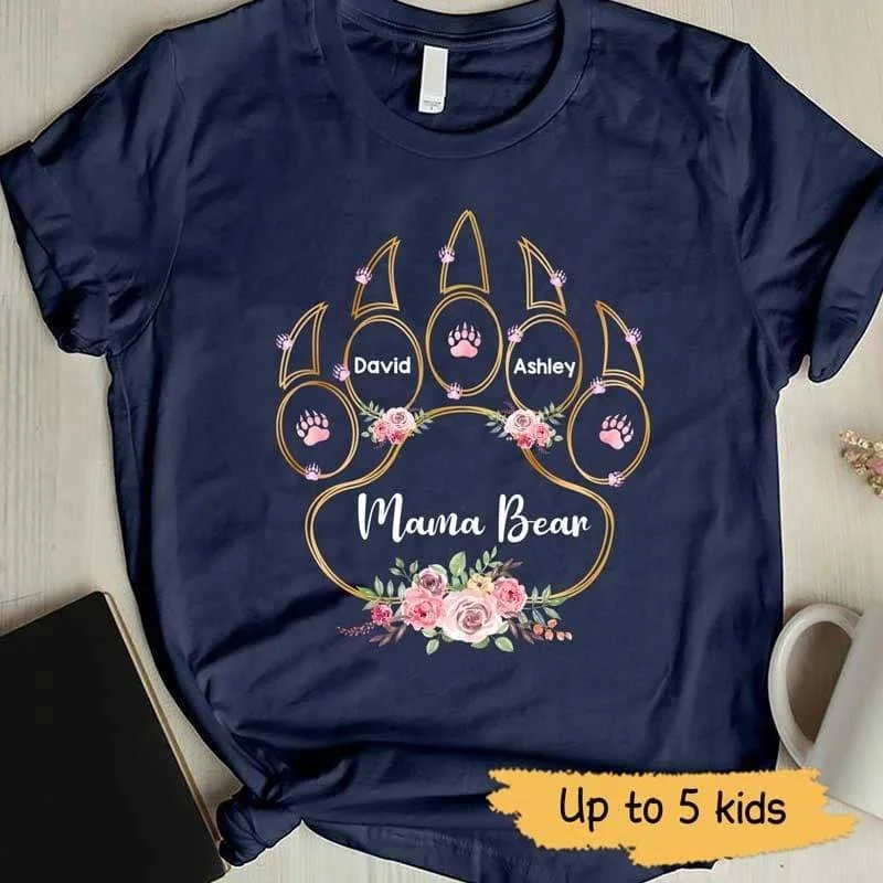 Creative custom graphic tees for travel events-Bear Paw Floral Mama Bear Personalized Shirt