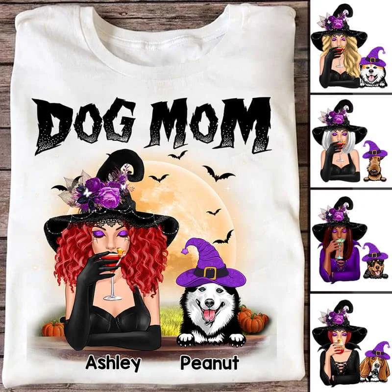 Fun summer graphic tees for adults-Halloween Witch Dog Mom Personalized Shirt