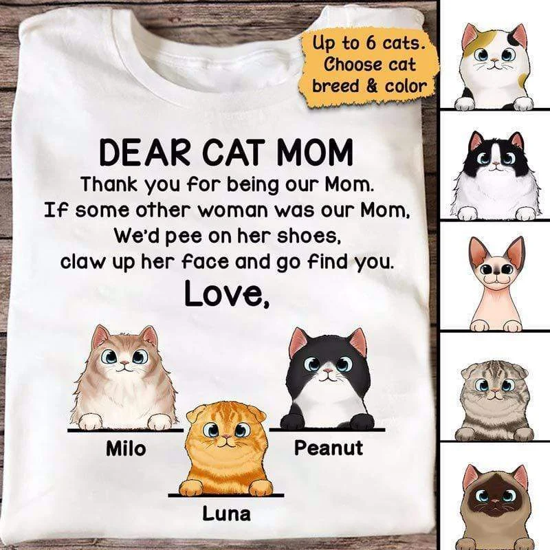 Creative design T-shirts for group events-Dear Cat Dad Cat Mom Peeking Fluffy Cat Personalized Shirt