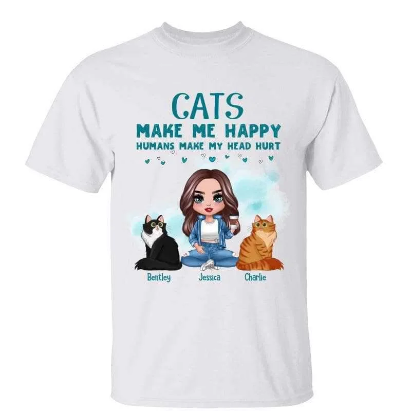 Funny memes printed T-shirts for friends-Green Heart Doll Girl Sitting With Cats Personalized Shirt