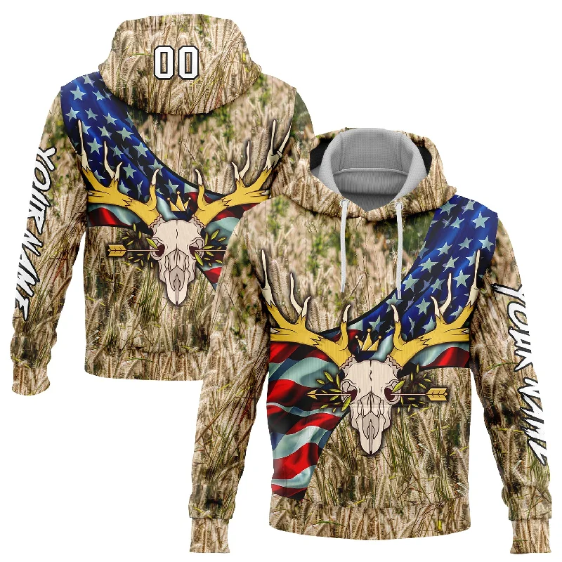 Women's Loose Fit Hoodies-Custom Stitched City Cream White-Black 3D American Flag And Deer Skull Hunting Sports Pullover Sweatshirt Hoodie