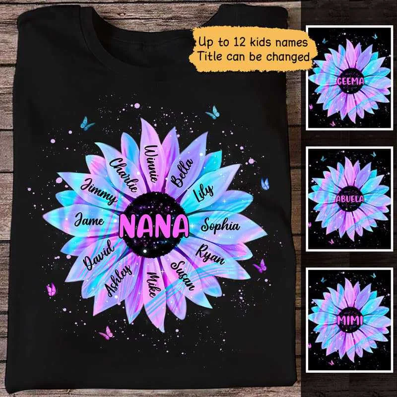 Custom gym T-shirts with funny quotes-Grandma Mom Hologram Sunflower Kid Name Personalized Shirt