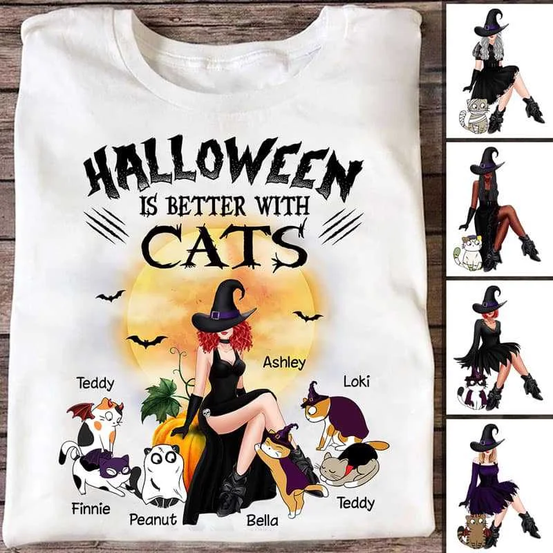 Motivational workout T-shirts for men and women-Halloween Witch Sitting On Pumpkin With Cats Personalized Shirt