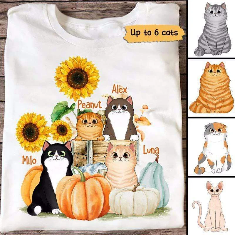 Fun team T-shirts for sports teams-Fall Season Fluffy Cats Pumpkin Personalized Shirt