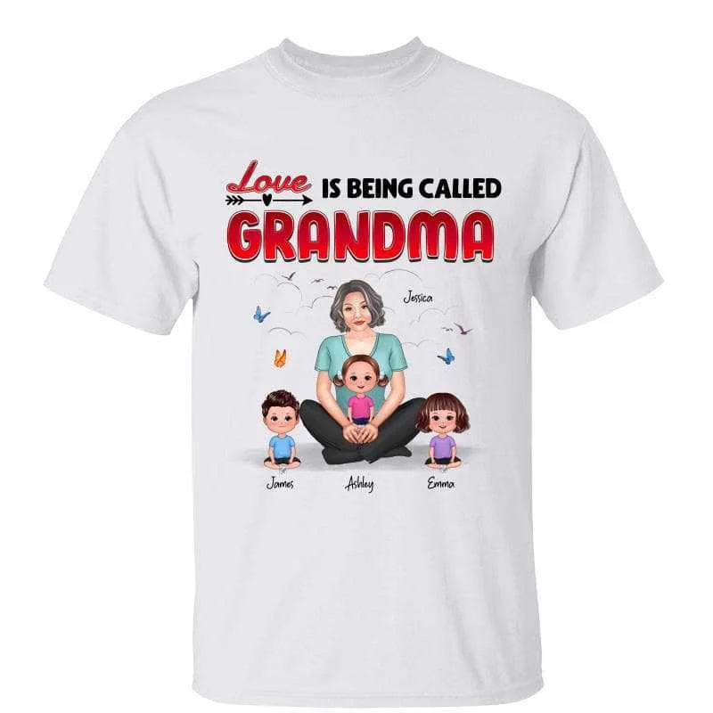 Custom T-shirts for charity events-Love Is Being Called Grandma Pretty Woman Holding Doll Kid Personalized Shirt