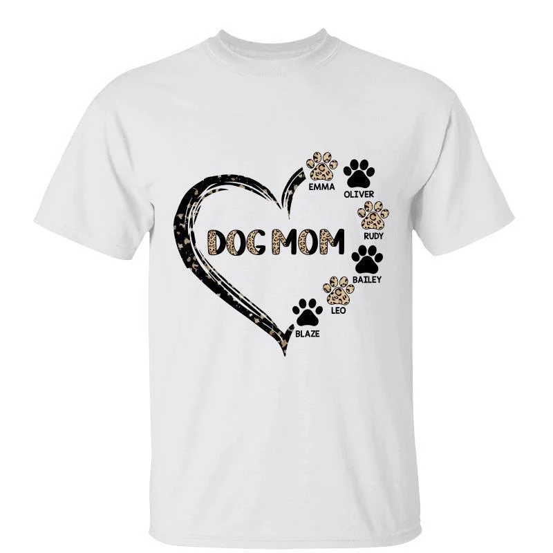 Motivational graphic T-shirts for sports fans-Half Leopard Dog Mom Paws Heart Personalized Shirt