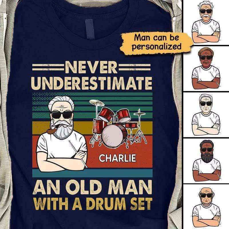 Vintage rock band t-shirts for fans-Never Underestimate An Old Man With A Drum Set Personalized Shirt