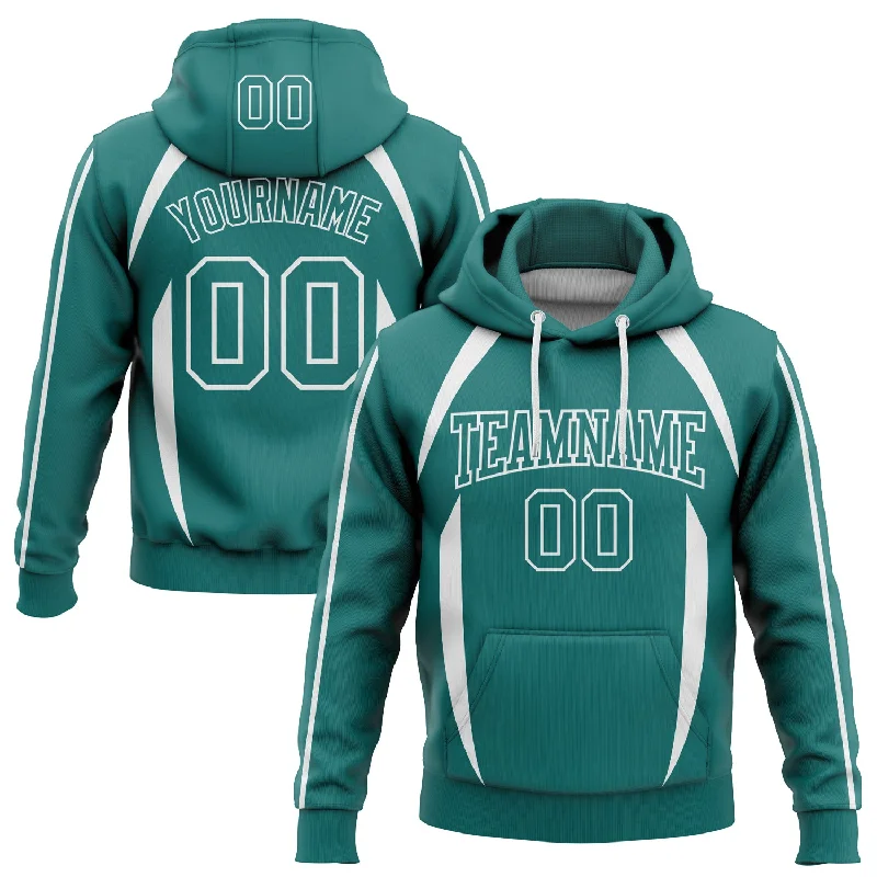 Women's Boho Hoodies-Custom Stitched Teal White 3D Pattern Design Contrast Color Stripe Sports Pullover Sweatshirt Hoodie