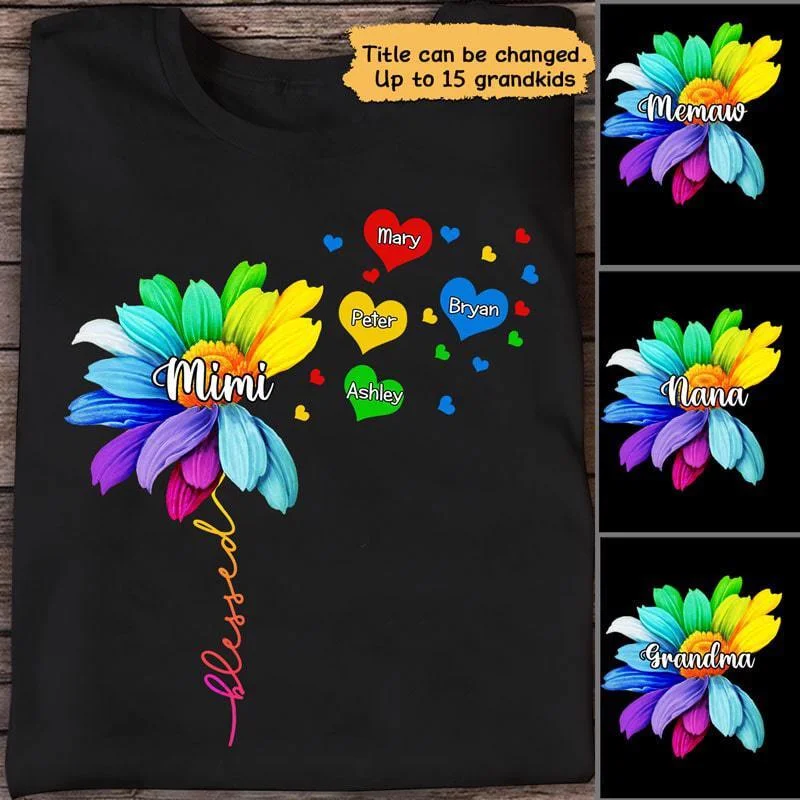 Personalized holiday-themed T-shirts for families-Grandma Dandelion Colorful Flower Personalized Shirt (9-15)