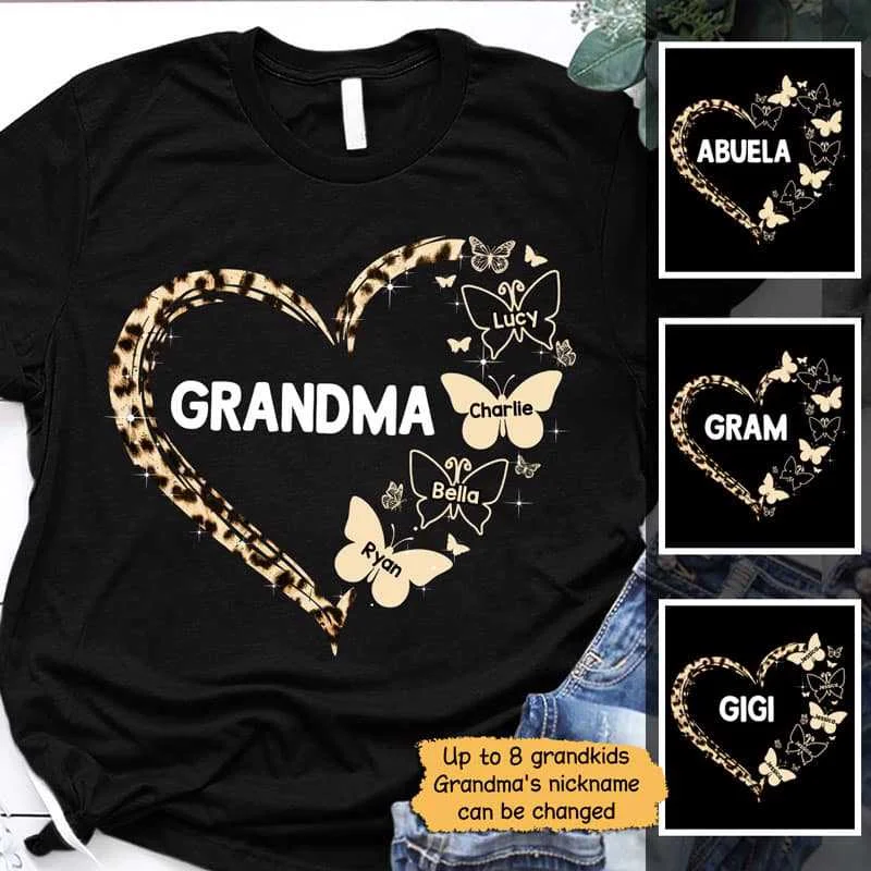 Custom T-shirts for family get-togethers-Leopard Mom Grandma Heart Personalized Shirt