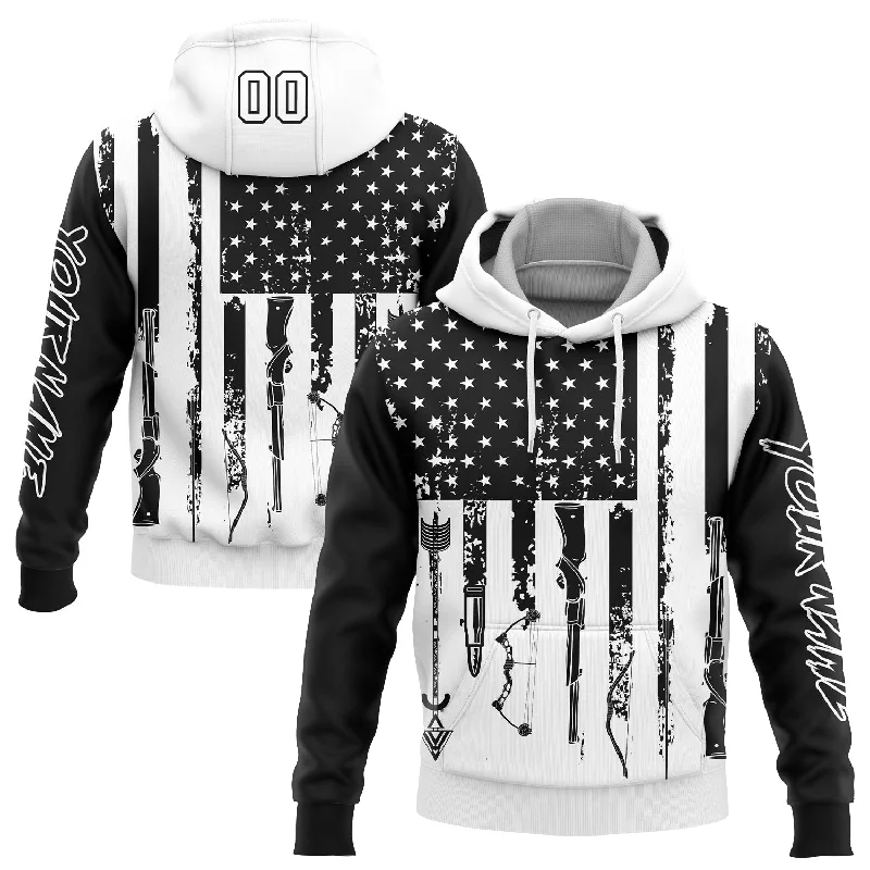 Women's Long Sleeve Hoodies-Custom Stitched Black White 3D American Flag And Hunting Tools Sports Pullover Sweatshirt Hoodie