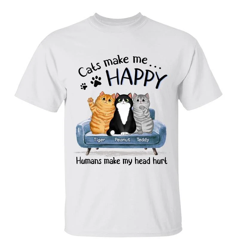 Retro-themed graphic tees for collectors-Cats On Sofa Cats Make Me Happy Personalized Shirt