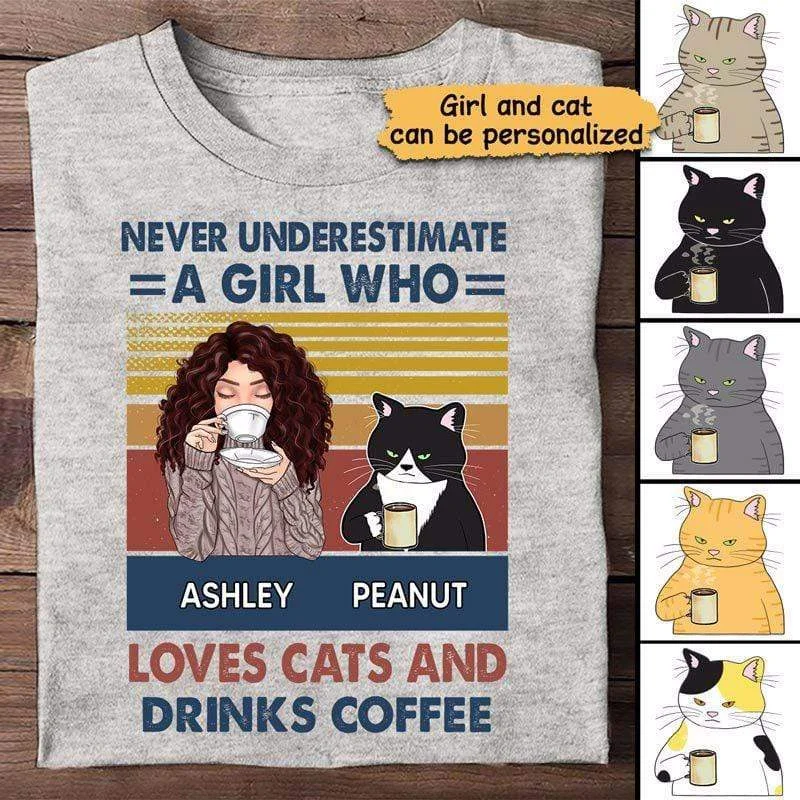 Custom t-shirts for sports activities-Never Underestimate A Girl Who Loves Cats And Coffee Personalized Shirt