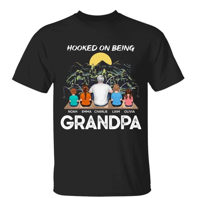 Fun travel-themed graphic T-shirts-Fishing Dad Grandpa Sketch Personalized Shirt